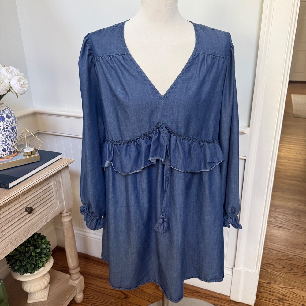 Frye and Co Womens Blue Tencel Blend Ruffle V-Neck Tassel Tunic Dress XL